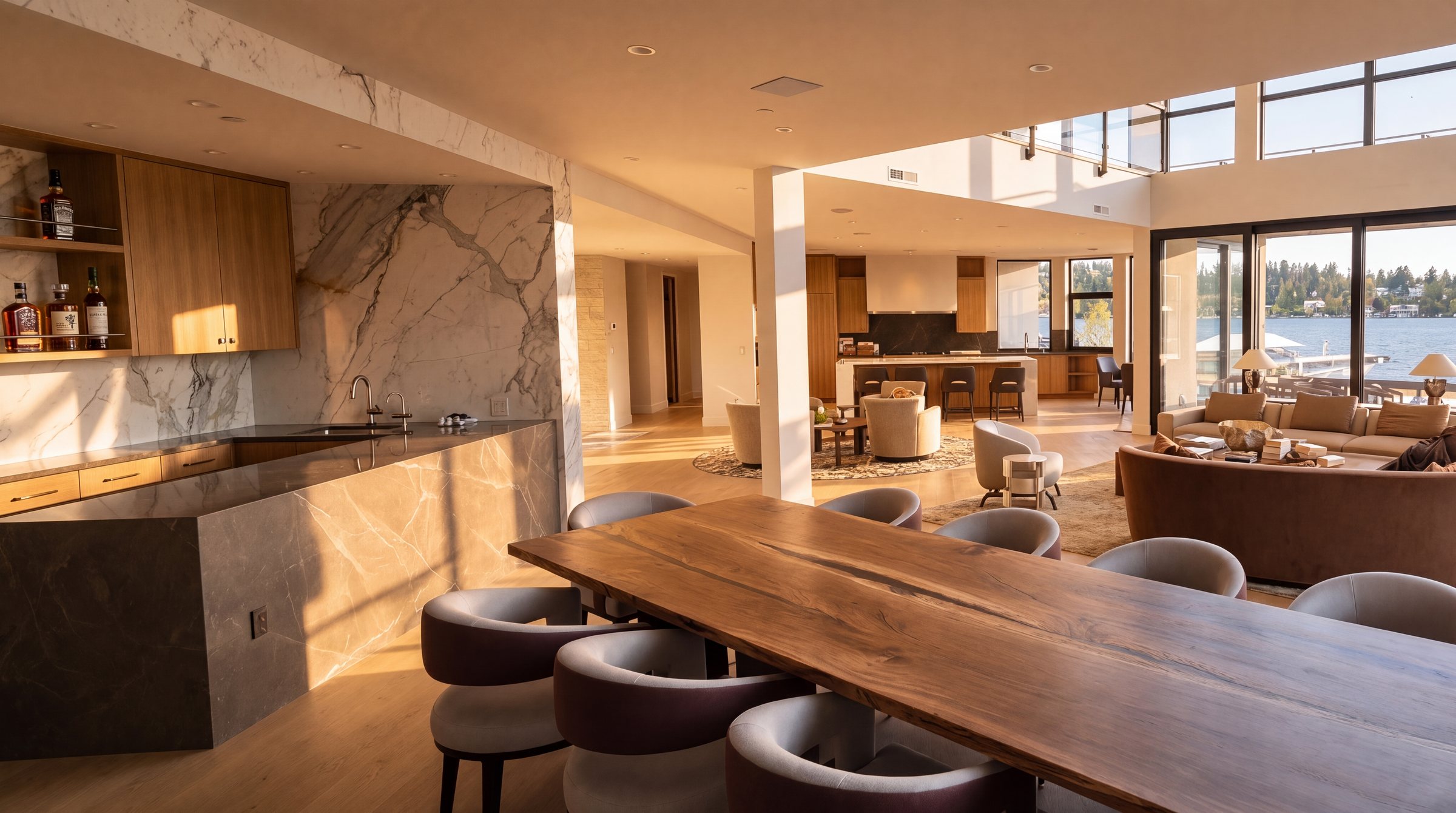 Marble bar with waterfall end and full-height marble backsplash