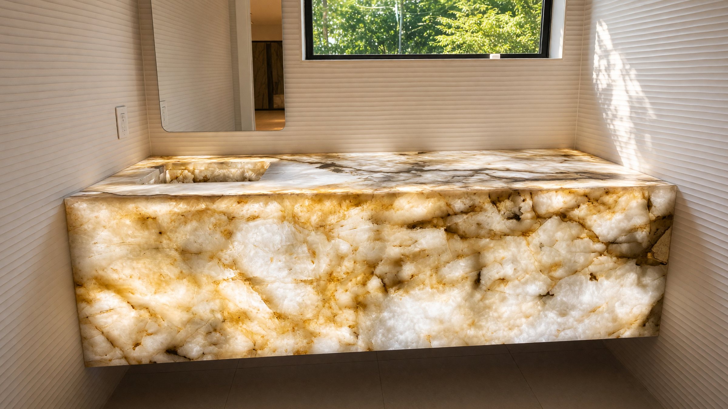 Backlit onyx floating vanity