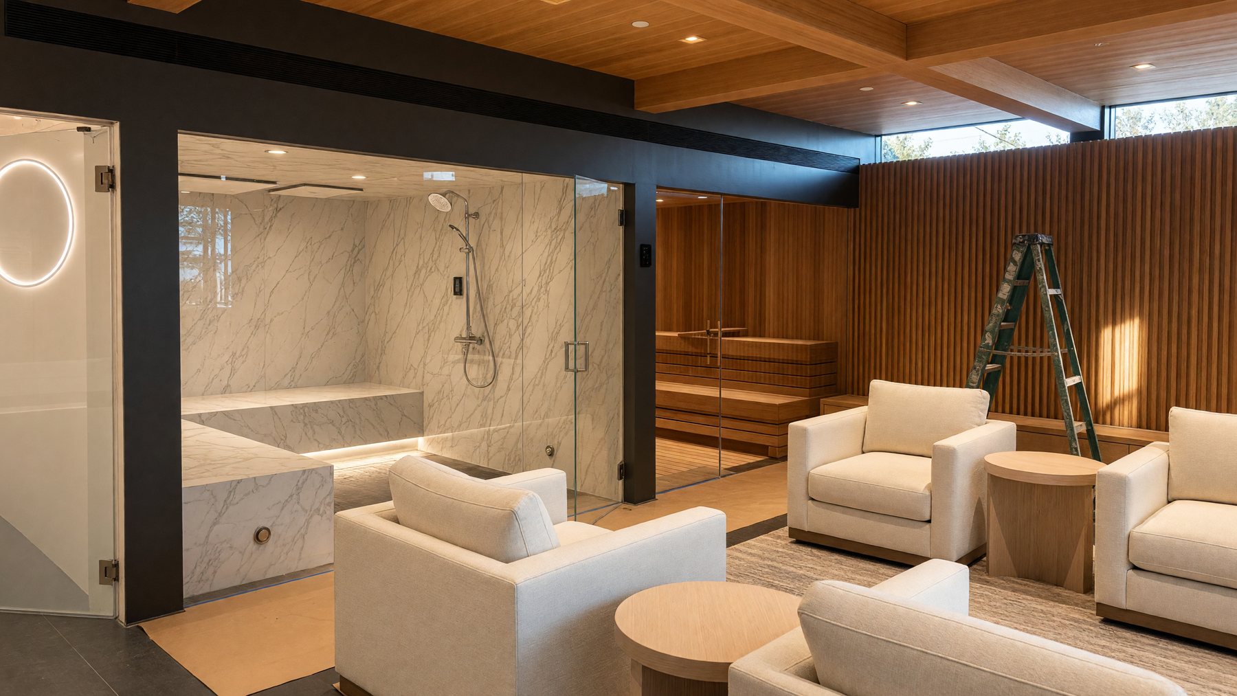 Stone-clad spa room with lounge seating