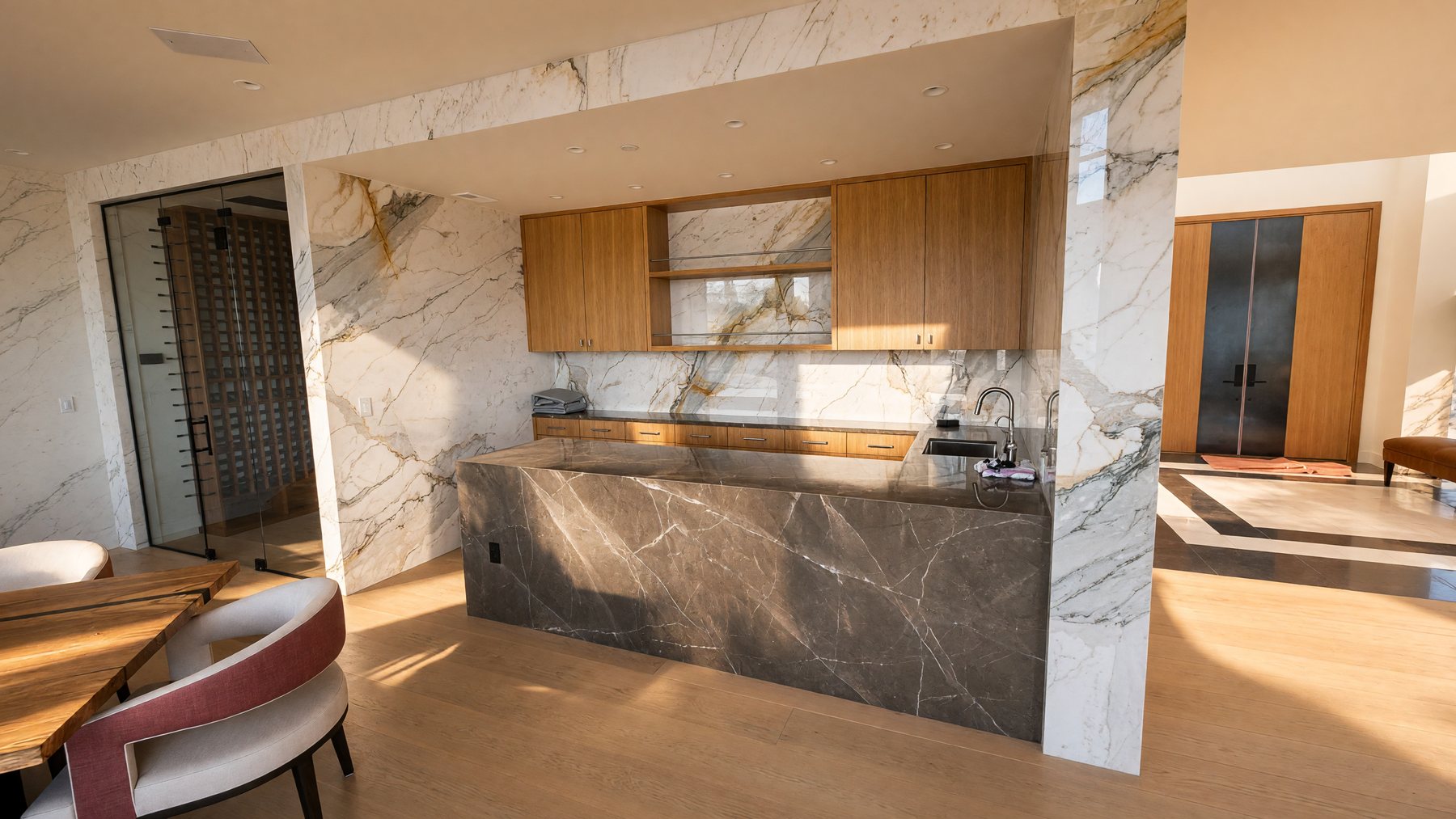 Marble kitchen with waterfall island
